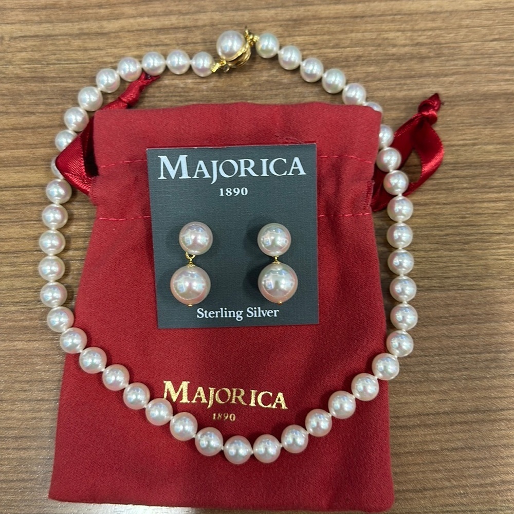 Majorica cultured Pearl 16” necklace - 8mm &  double pearl earrings sterling